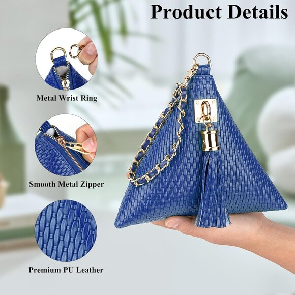 ⚡New Blue Leather Triangle Wristlet Clutch Handbag Pyramid Evening Cocktail - Picture 3 of 6
